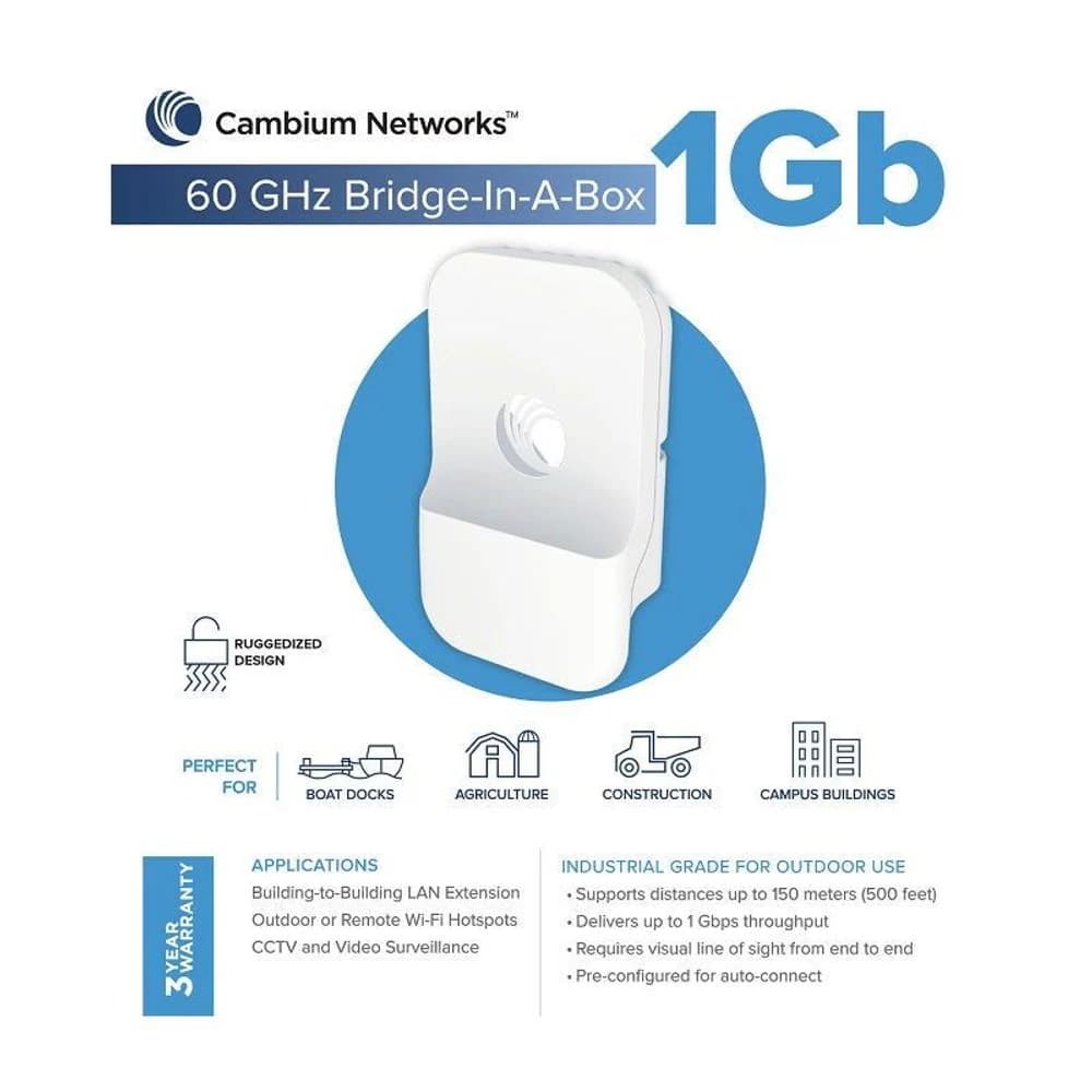 Cambium Networks Cambium cnWave 60 GHz Bridge in a Box 1Gbps Full Duplex Wireless Backhaul C600510C008