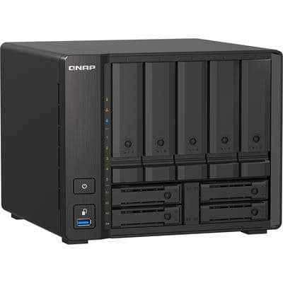 QNAP QNAP TS-h973AX-32G 9-bay NAS, AMD Ryzen V1500B 4C 8T 2.2GHz, 32GB DDR4 SODIMM (max. 64GB total, optional ECC RAM support), 5 x 2.5"/3.5" SATA 6Gbps + 2 x 2.5" U.2 NVMe PCIe Gen3 x4 / 2.5" SATA 6Gbps  + 2 x 2.5" SATA 6Gbps drive bays. 2 x 2.5GbE, 1 x TS-h973AX-32G