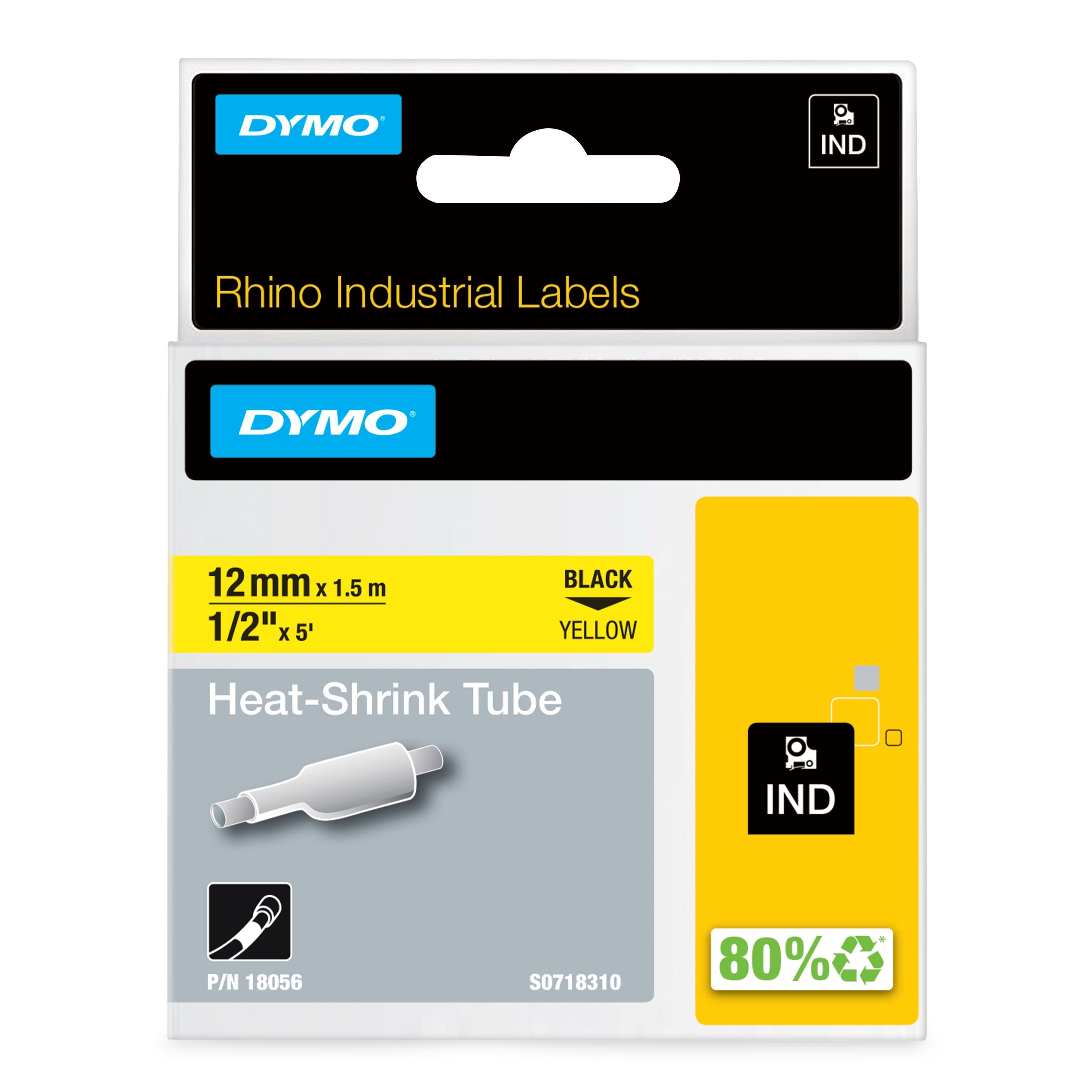 DYMO Genuine Rhino Industrial 1/2" Labels-Heat Shrink Tube 12mm Black On Yellow. 18056