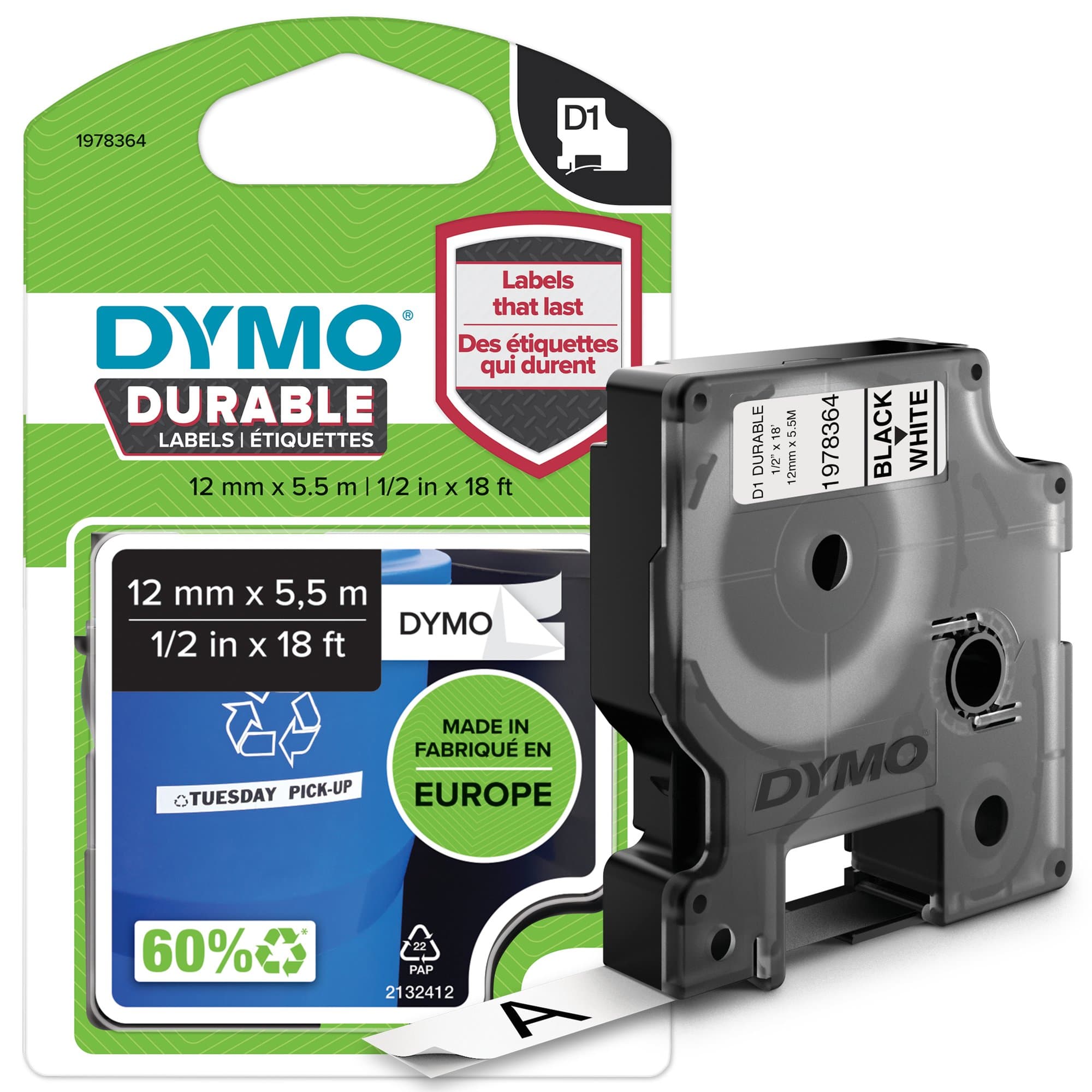 Dymo DYMO Genuine D1 Extra-Strength Durable Labels. 12mm x 5.5m Black 1978364