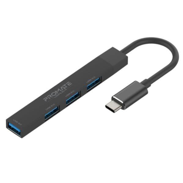 Promate 4-In-1 Ultra-Slim Multi Port Hub. USB-C & USB-A Adapter. 4x USB-A Ports LITEHUB-4-BLK