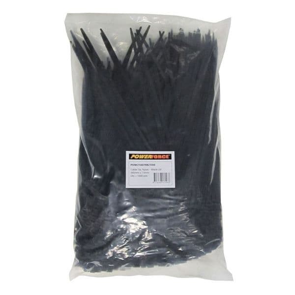 POWERFORCE 7.6 X 380mm Black UV Cable Ties Pack Of 1000 55kgs Tensile Strength POWCT3807BK-1000