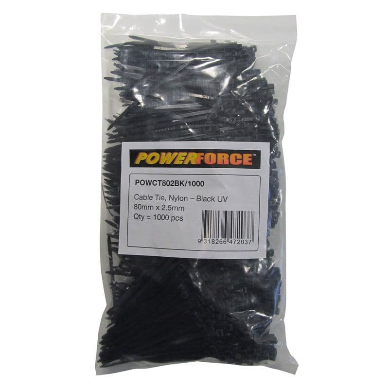 POWERFORCE 2.5 X 80mm Black UV Cable Ties Pack Of 1000 8kgs Tensile Strength POWCT802BK-1000