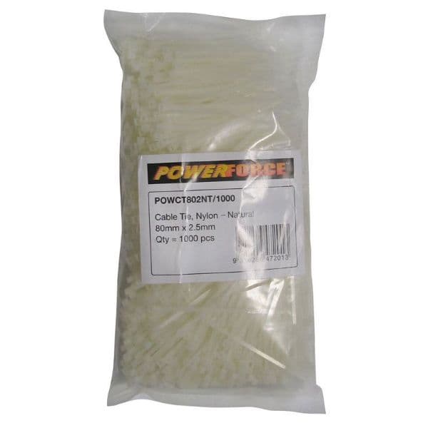 POWERFORCE 2.5 X 80mm Natural Cable Ties Pack Of 1000 8kgs Tensile Strength POWCT802NT-1000