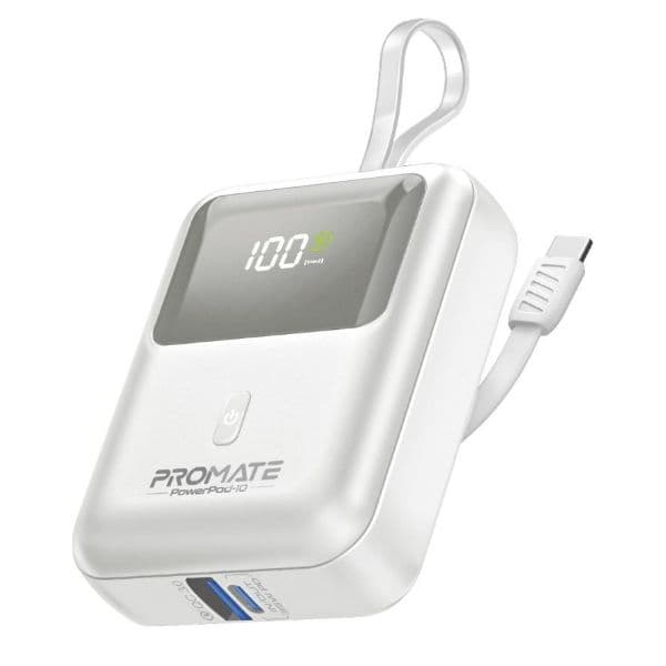 Promate 10000mAh Ultra Compact 35W SuperSpeed Power Bank Built-In USB-C & Lightning Cables. 35W POWERPOD-10-WHT