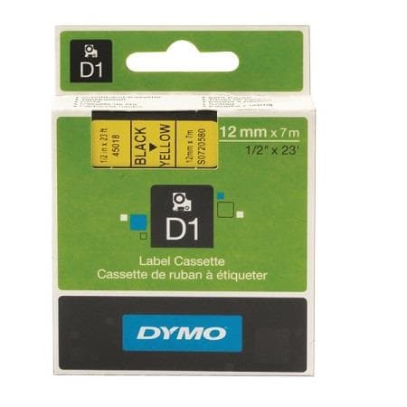 Dymo DYMO Genuine D1 Label Cassette Tape 12mm x 7M, Black on Yellow S0720580