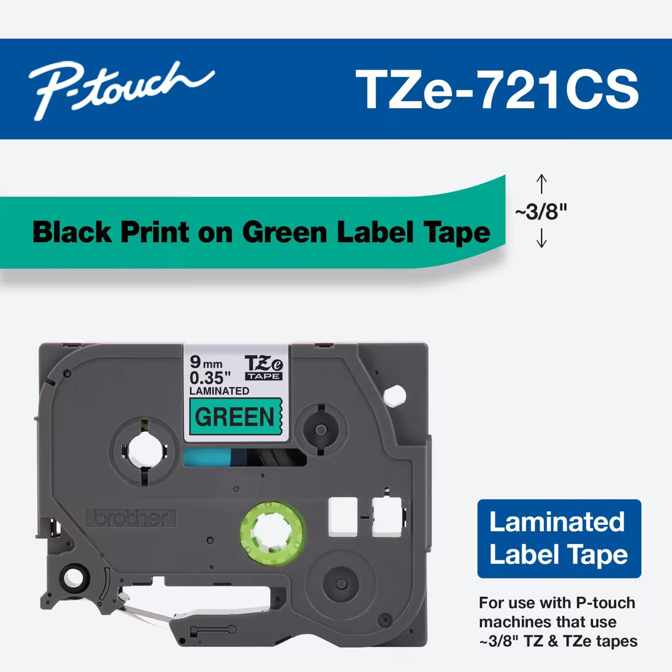 Brother Brother TZe-721 9mm x 8m Black on Green Tape TZE721