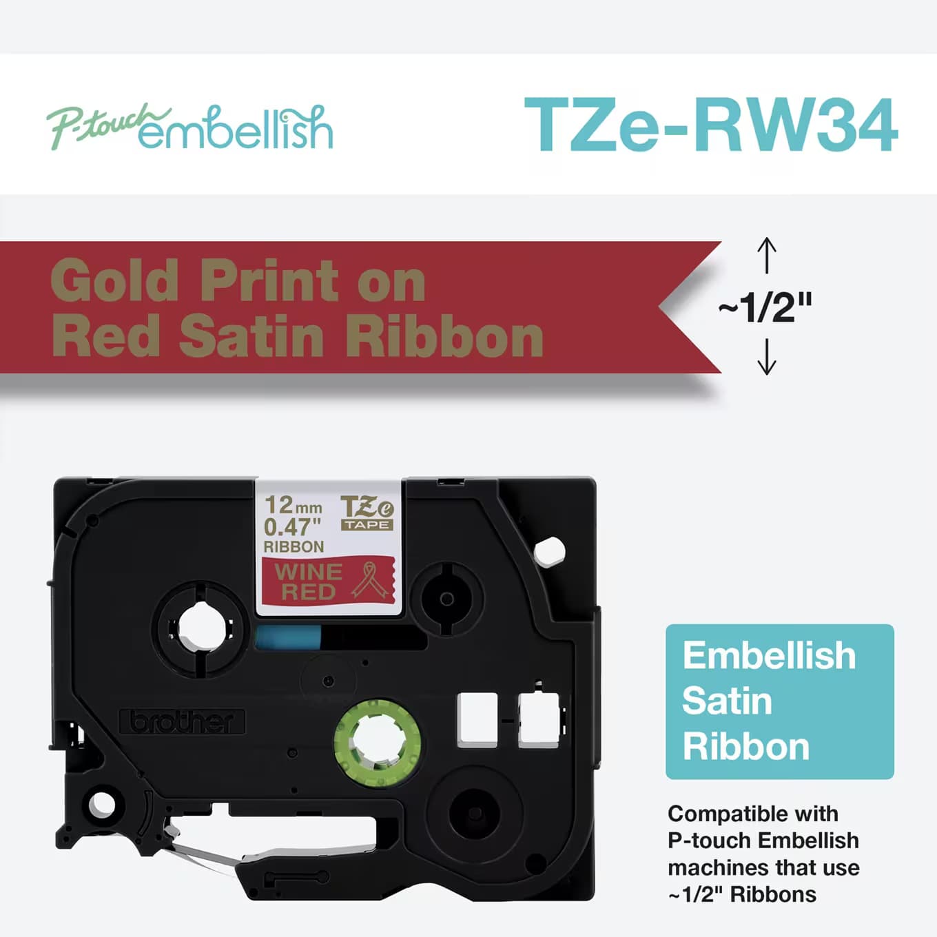 Brother Brother TZe-RW34 12mm x 4m Gold on Wine Red Ribbon Tape TZERW34