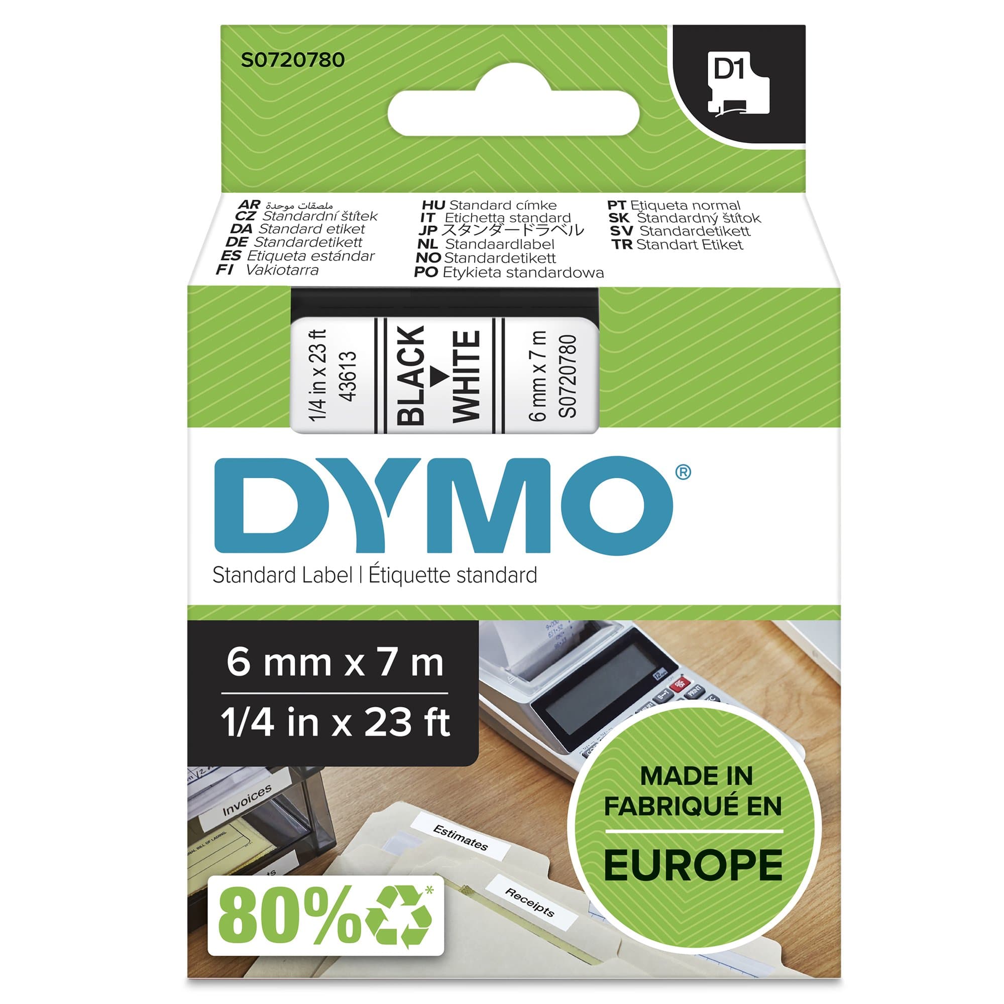Dymo D1 Blk on Wht 6mm x7m Tape DYS0720780